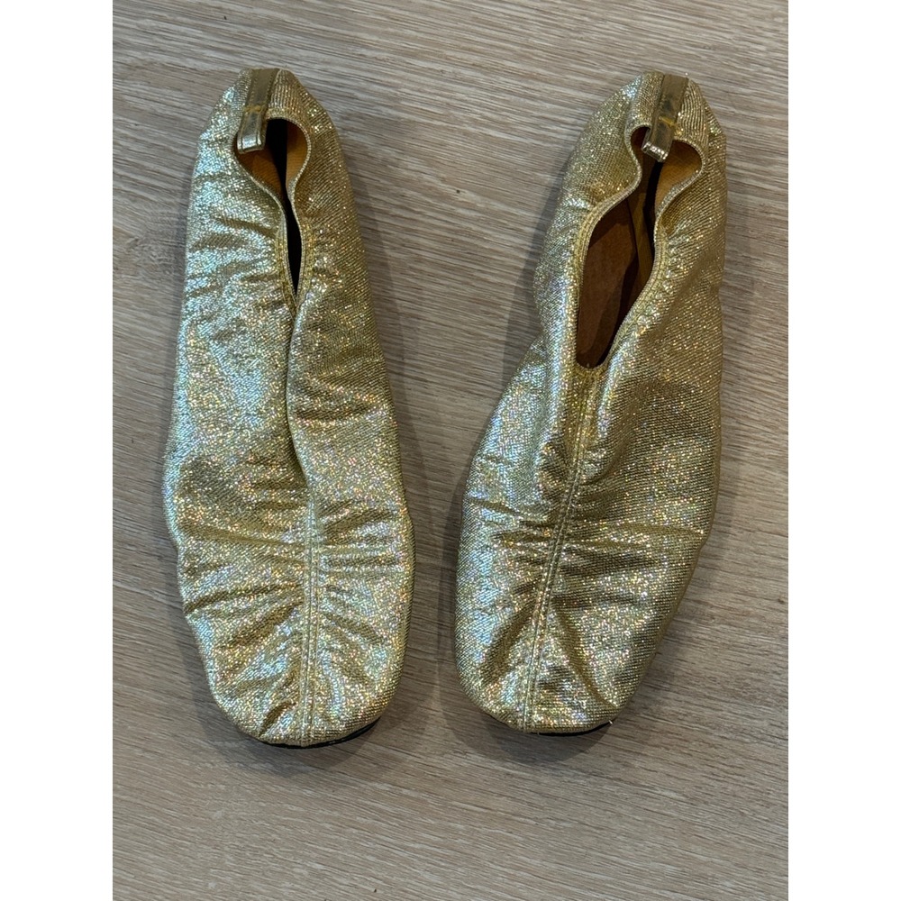Vintage 70s Gold Lurex Disco Ballet Flats Block Heel Size 9-10
